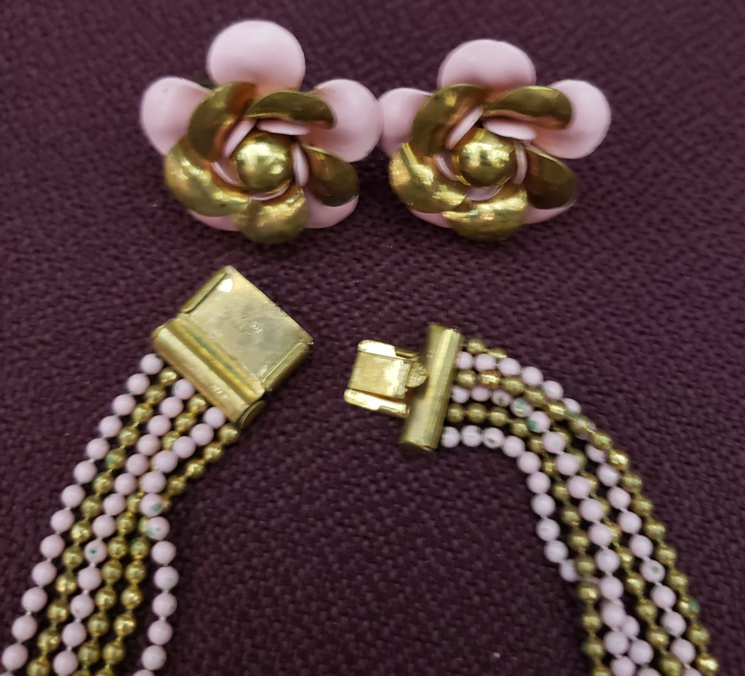 Art Deco Brass Ball Chain Pink Flower Multi Strand Draped Necklace 1930’s 1940s