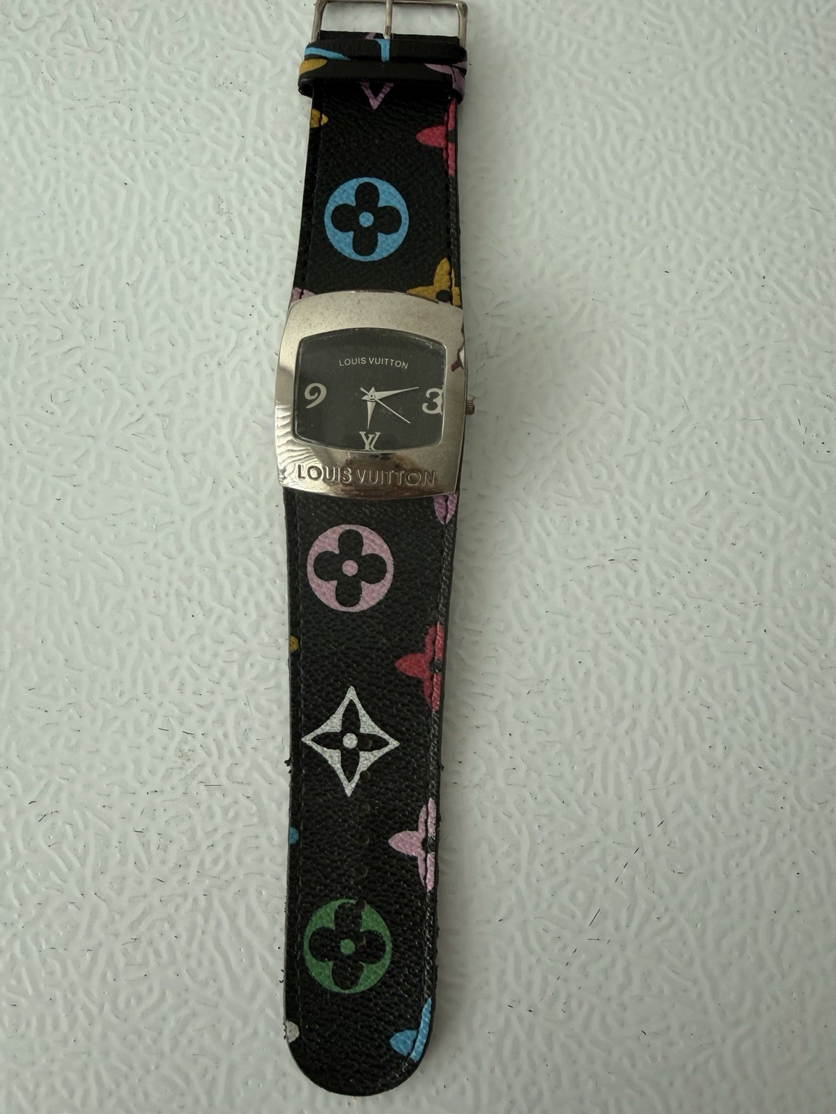 Louis Vuitton Tambour Rectangular Quartz Watch Black Dial LV Leather Strap 34mm