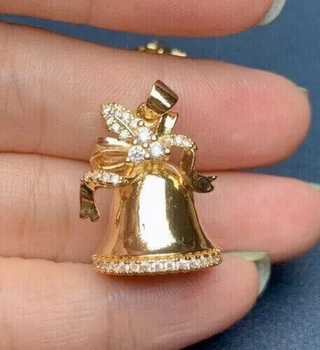 Round Simulated Diamond Christmas Bell Stunning Pendant 14K Yellow Gold Plated