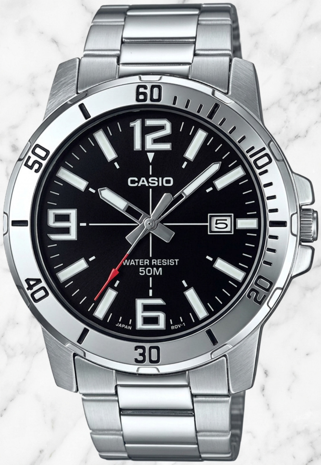 Mens Casio Stainless Steel Black Dial Casual Analog Sporty Watch Silver Bracelet