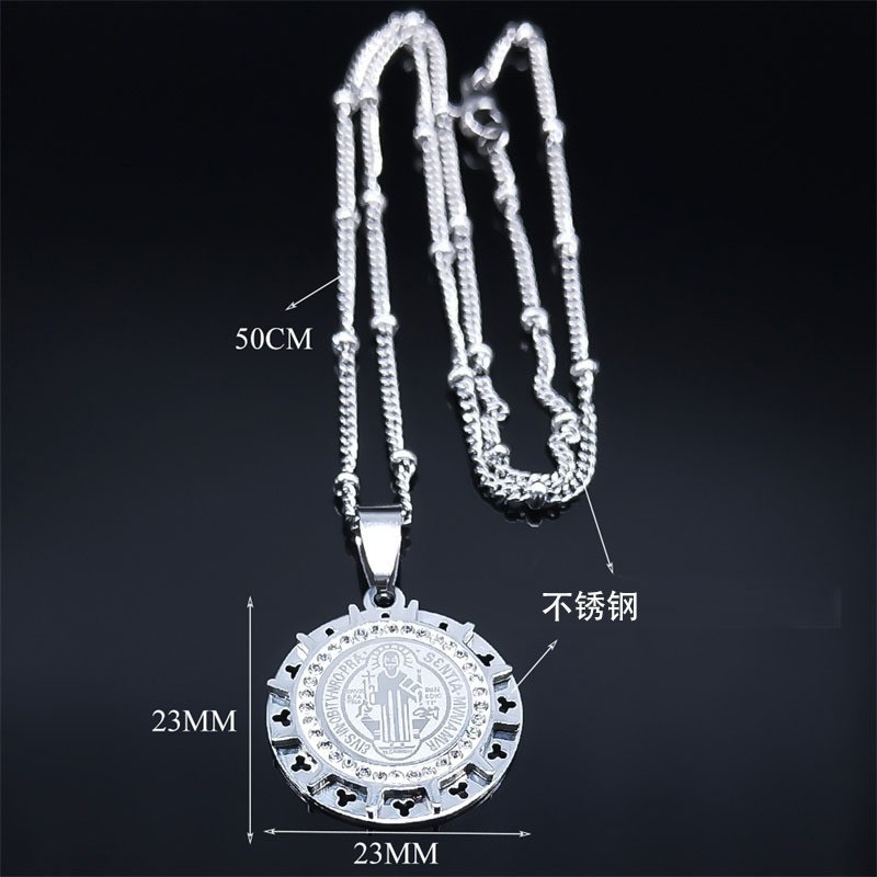Stainless Steel Saint Benedict Round Medal Pendant Religious Jewelry Necklace