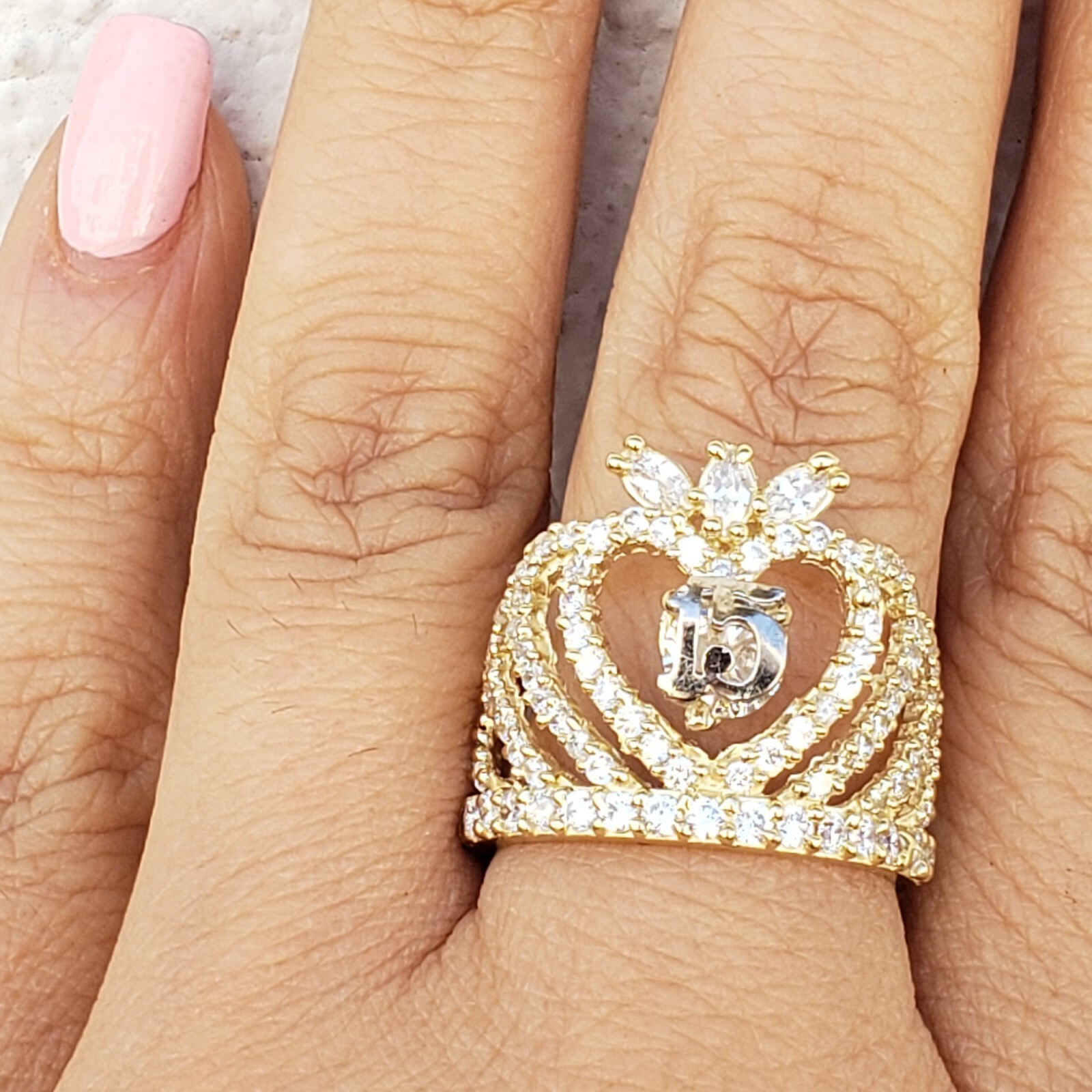 Big 10k yellow gold quinceanera 15 crown ring size 5 6 7 8 9 10 womans