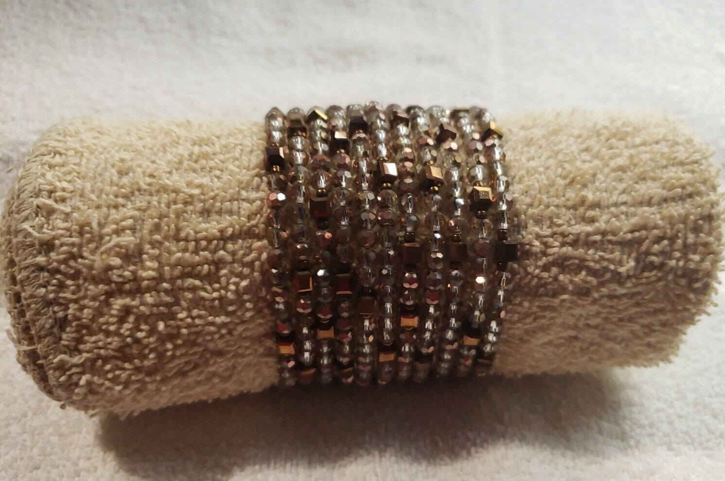 NWT NAKAMOL LEATHER & 11 STRAND BEADED WRAP BRACELET, BRONZE COPPER & GOLD, $36