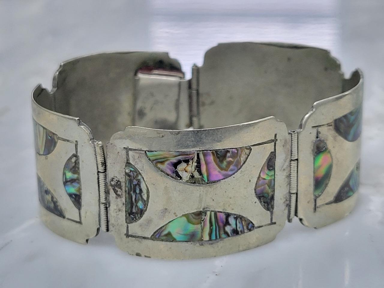 Taxco N.S Sterling Silver Inlaid Abalone 6.75″ Panel Bracelet 36.3g~ 17-I1334