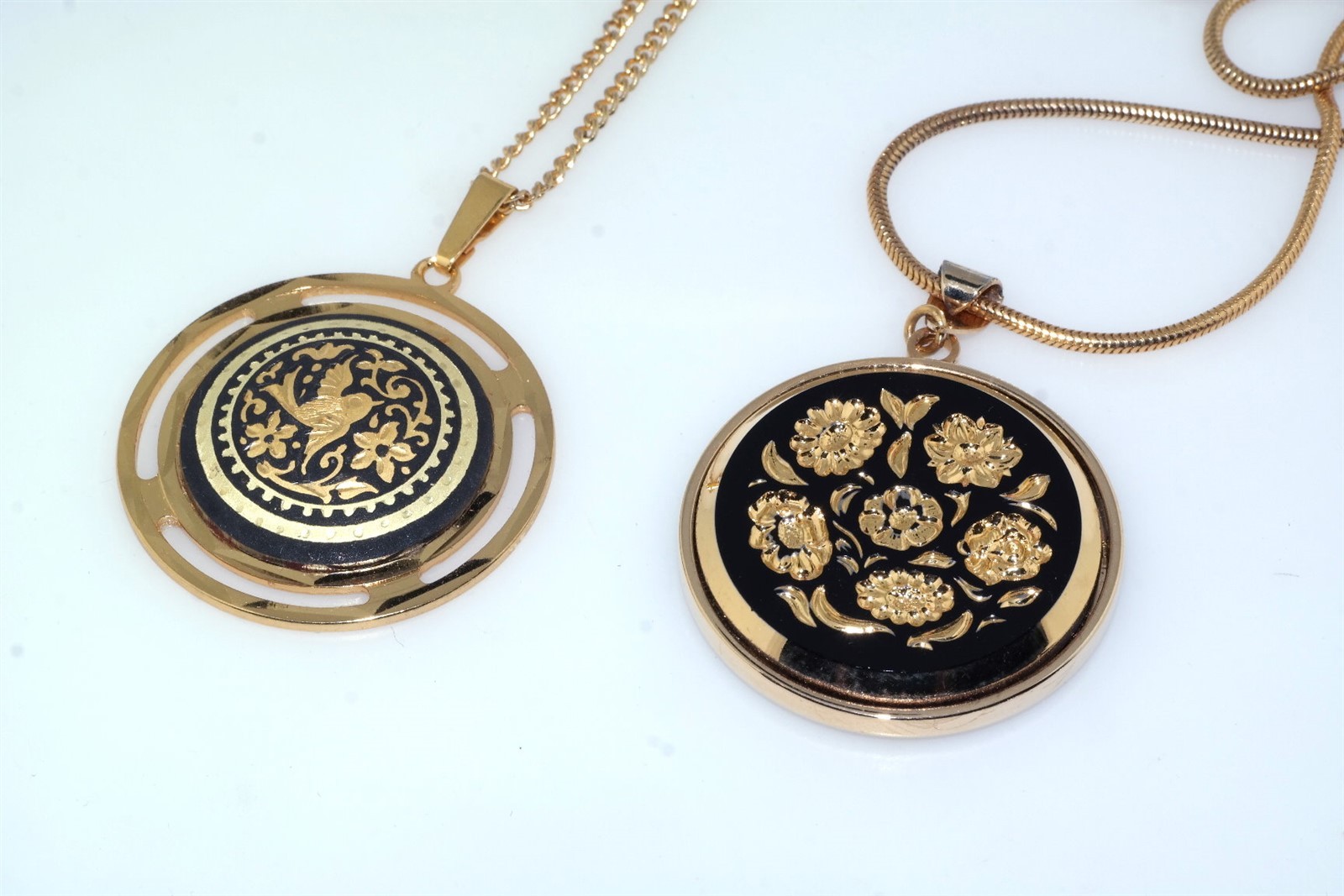 2 Vtg Pendant Necklaces Gold Foil Inlay Damascene & Gold Foil Black Lucite