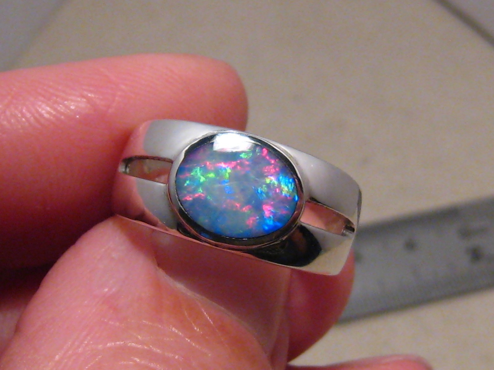 Australian red and blue Opal Ring – sterling silver – size 8 1/2 NO RESIZE