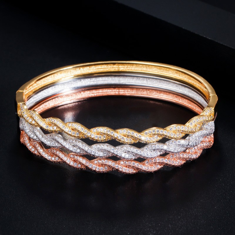 Silver Plated CZ Micro Paved Twisted Bangle Bracelet and Ring Bridal Jewelry Set