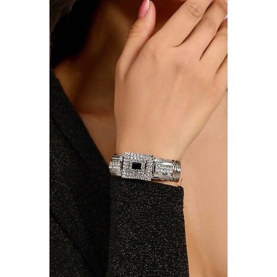Rhinestone Spring Bangle Bracelet Silver Tone Black Stone Statement Cuff
