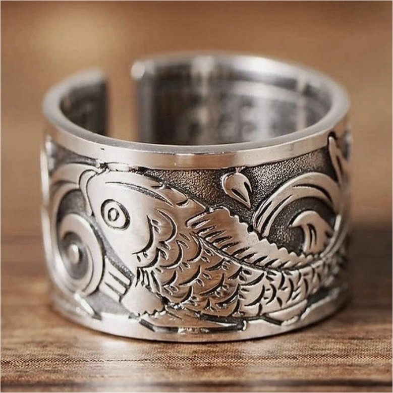 Silver Tone Adjustable Engraved. Fish Pattern Wide Band Ring.