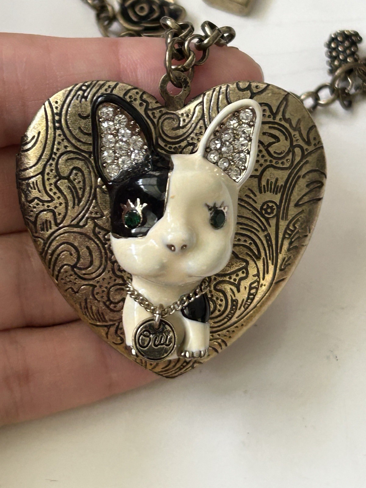 Betsey Johnson Enameled French Bulldog Dog Heart Locket Charm Necklace Signed
