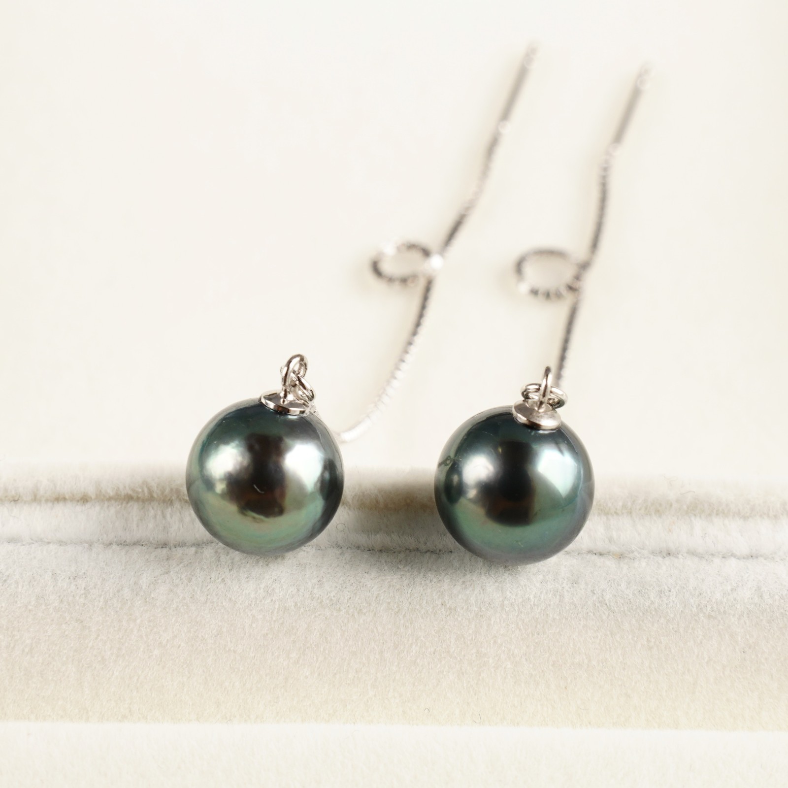 High Luster 9.7mm Tahitian Cultured Pearl Earrings Sterling Silver Threader,3.7″