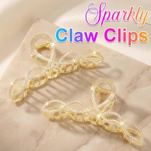 Rhinestone Metal Hair Claw Clips for Women Large 2 Pack | 4.5 Inch for Gold