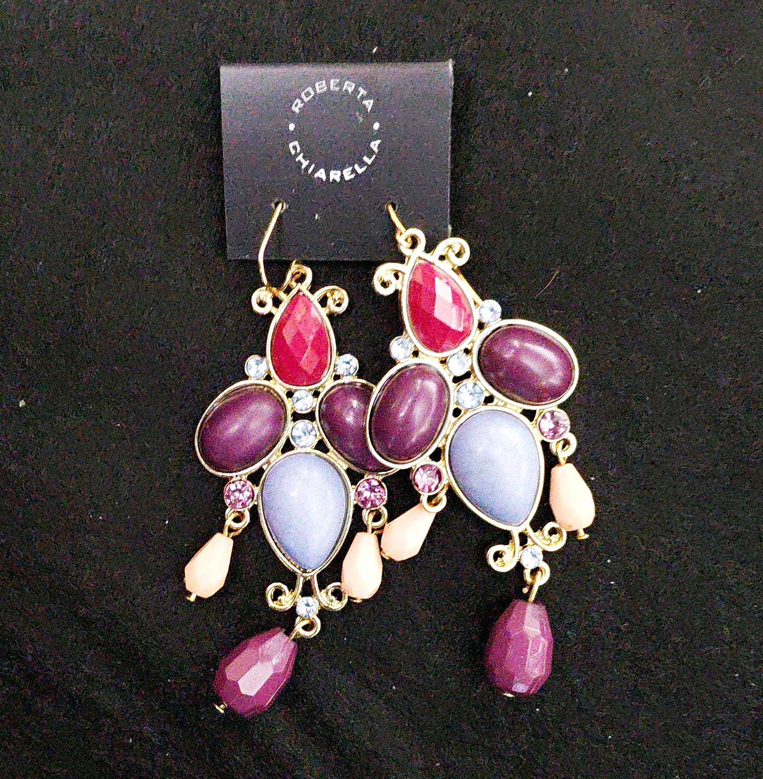 Roberta Chiarella Gold Tone Chandelier Dangle Drop Earrings Teardrop Rhinestone