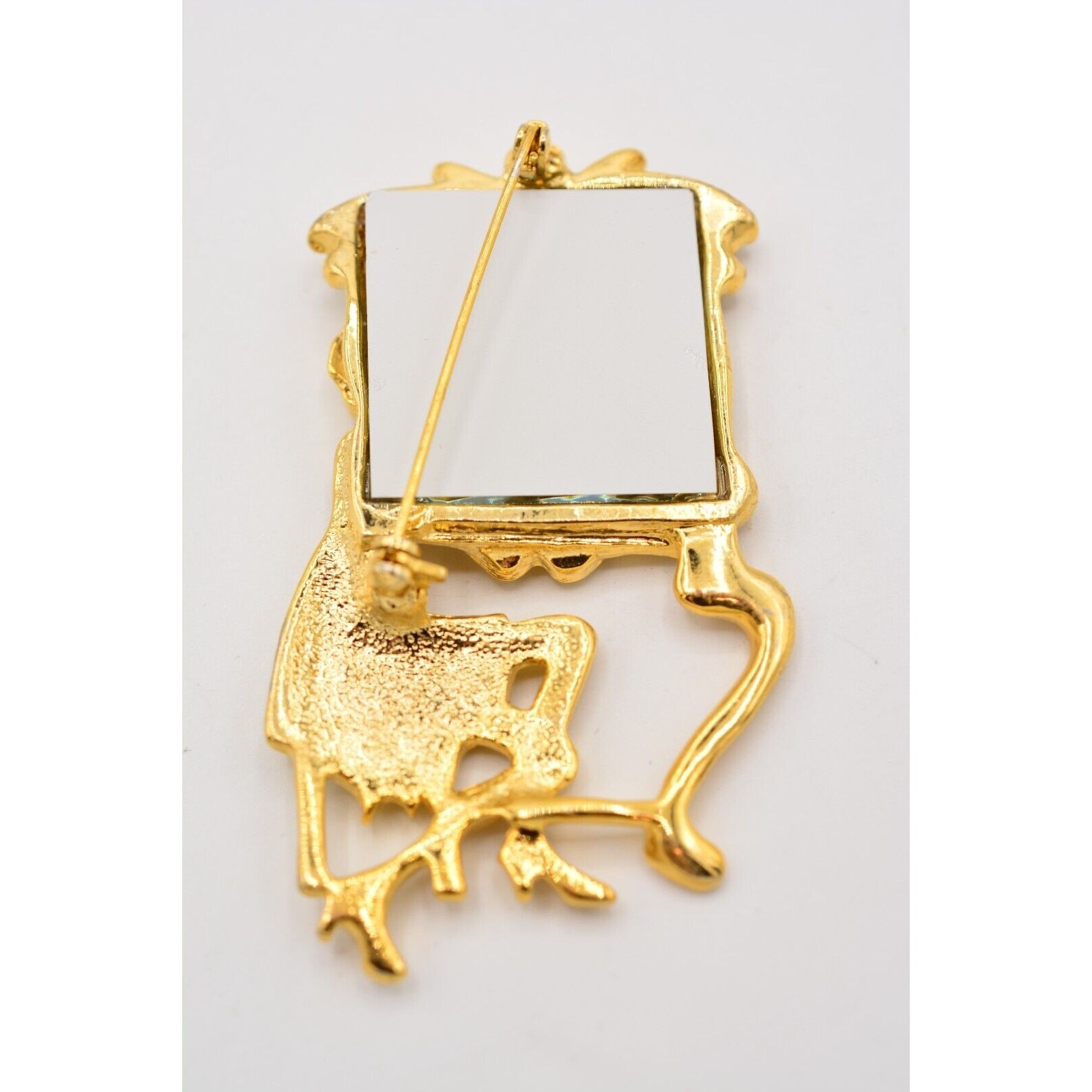 Vintage Vanity Mirror Pin Brooch Woman Beauty Brushed Gold Retro NOS 1980s BinA3