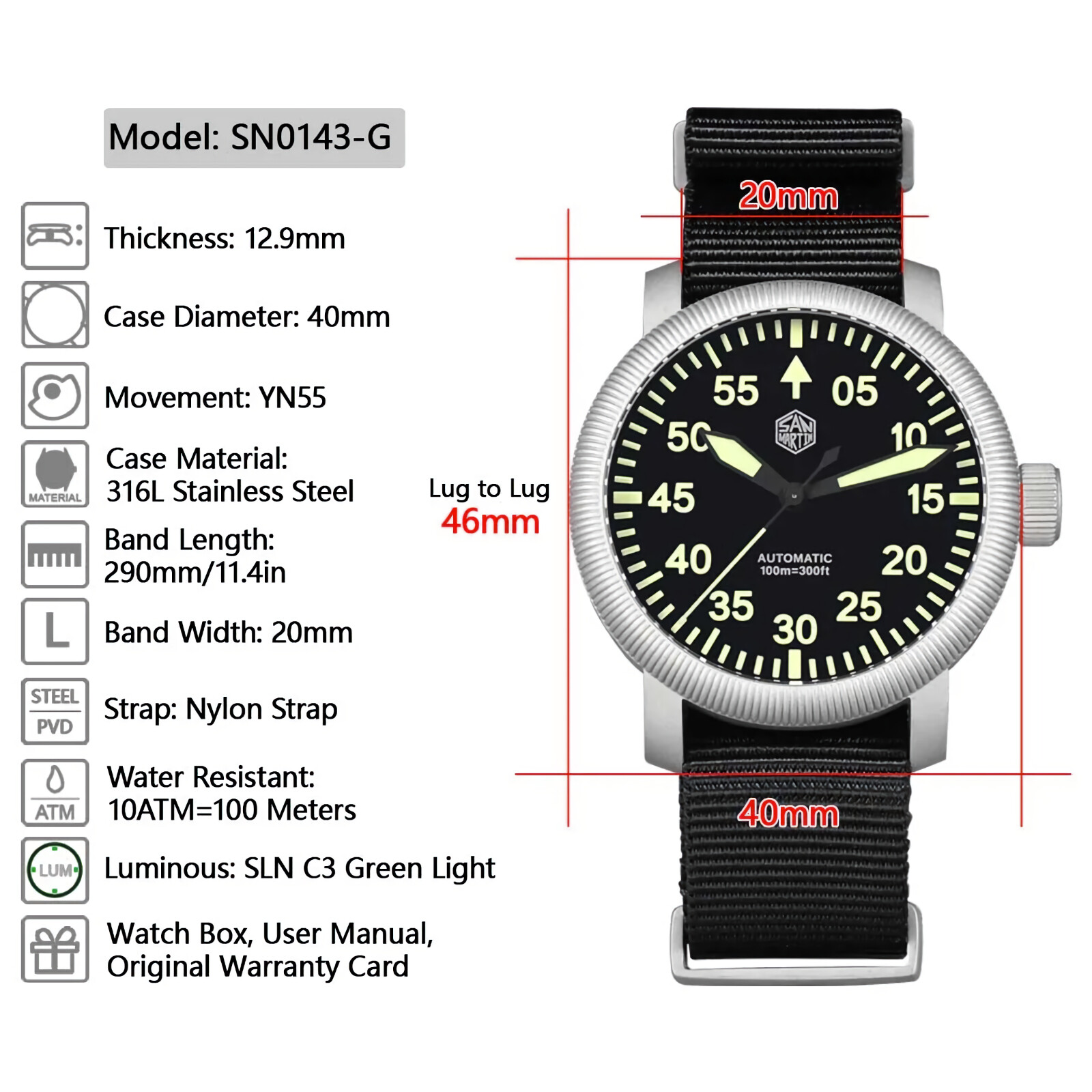 SAN MARTIN SN0143-G Automatic Stainless Steel 40mm 10ATM Retro Pilot Men’s Watch
