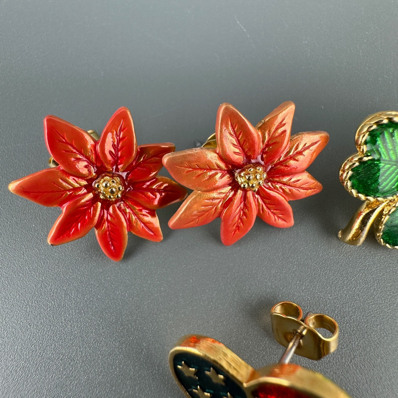Vintage Enamel Stud Earrings Lot Signed Poinsettias Shamrocks USA Hearts Holiday