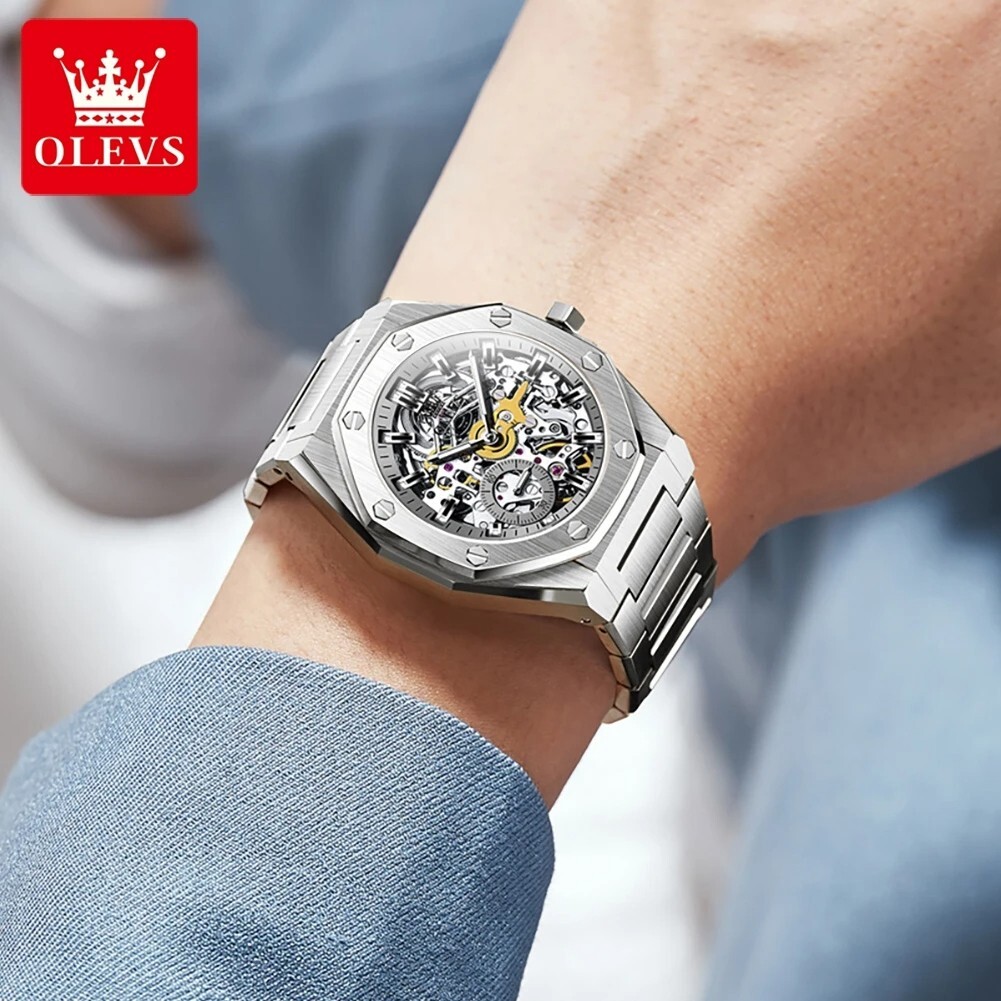 Automatic Mechanical Waterproof Luxury OLEVS Watch Skeleton Men Men’s Strap