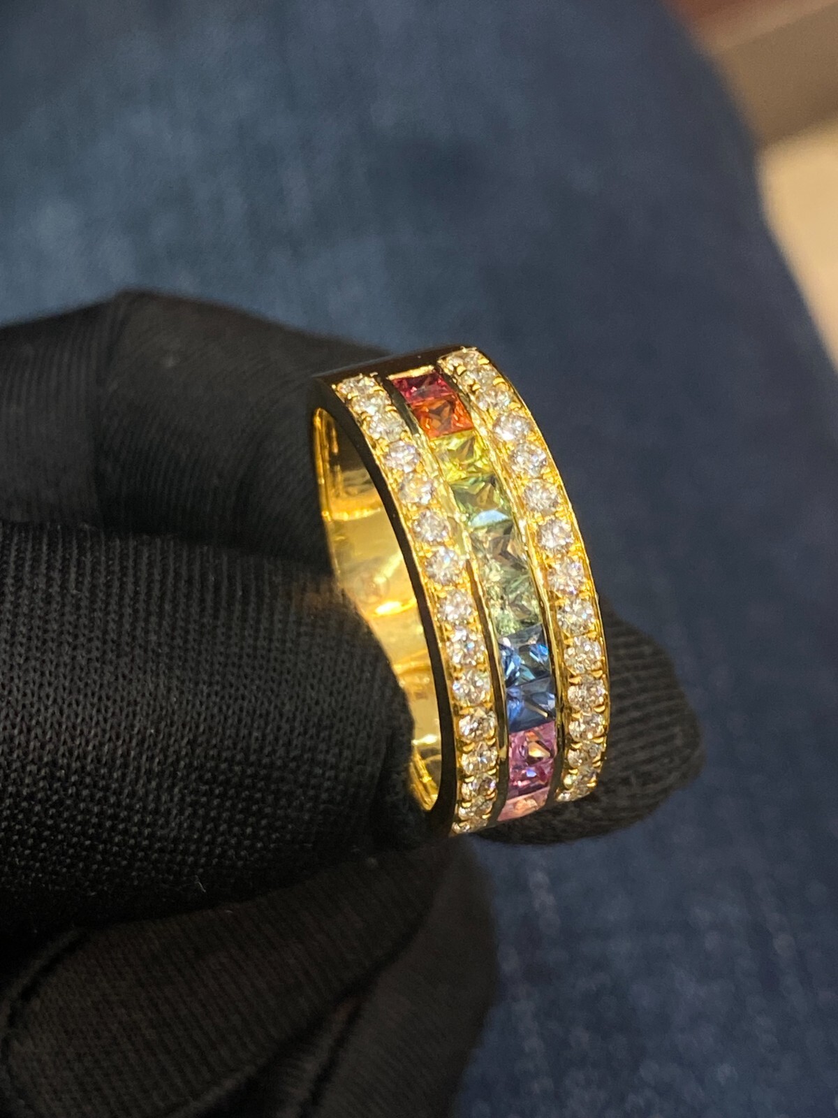 2.52 TCW Round Brilliant Diamonds Multi Color Princess Sapphire Ring in 18K Gold