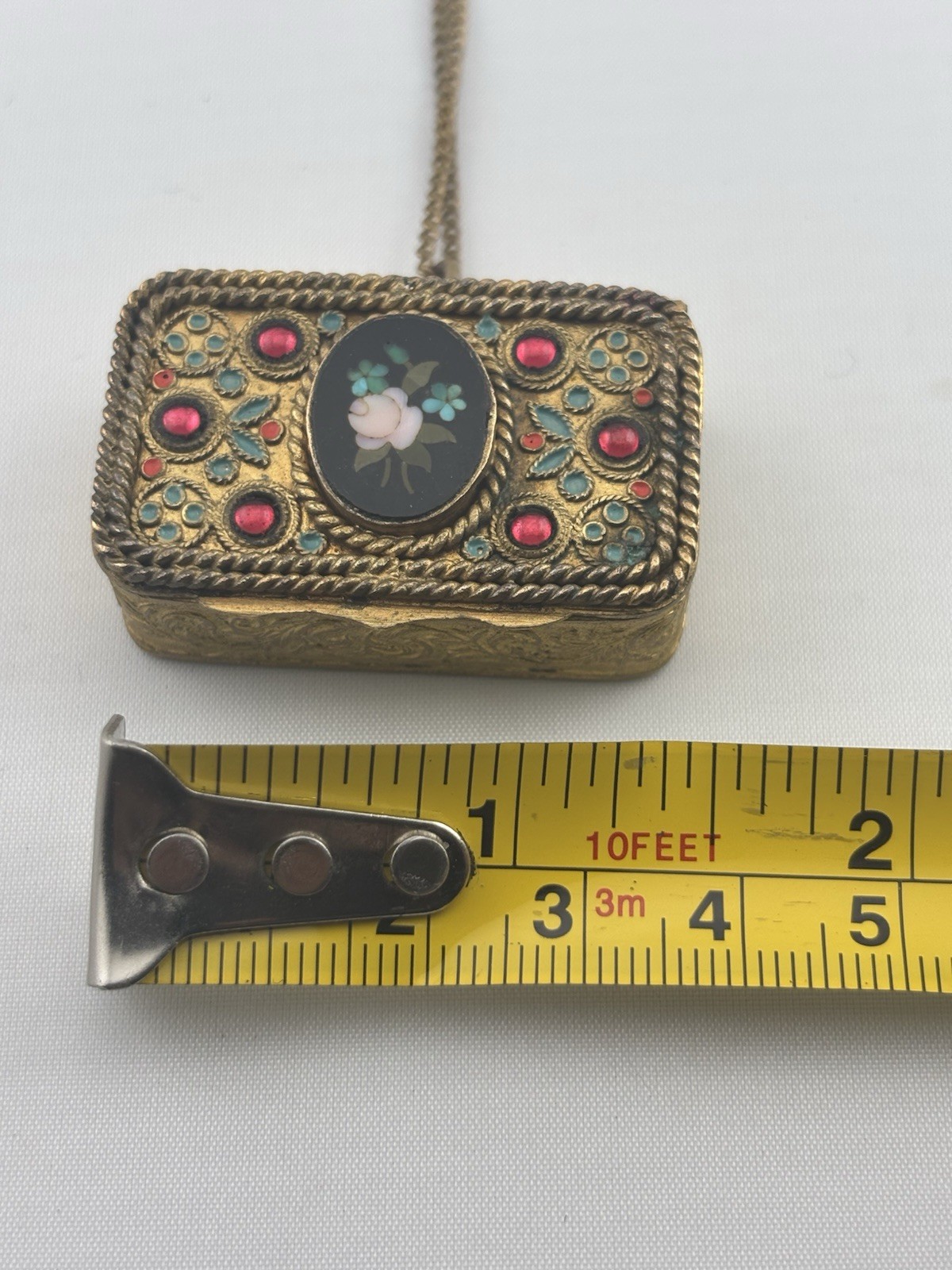 Antique 1900s Victorian Bronze Czech Glass Brass Compact Box Pendant With Chain