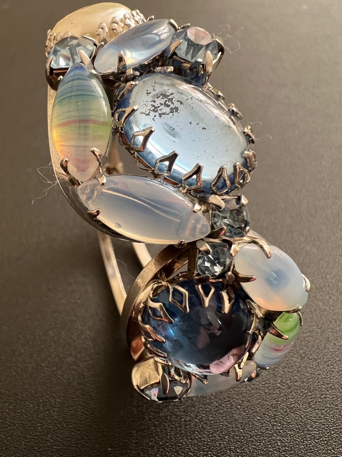 A132 Vintage Juliana Blue Glass Givre Cabochon Pearl Silve Clamper Bracelet