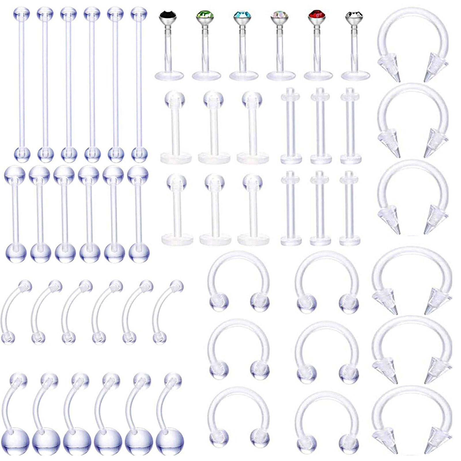 54PCS Clear Piercing Retainer Septum Nose Studs Lip Ear Tongue Rook Daith Rings