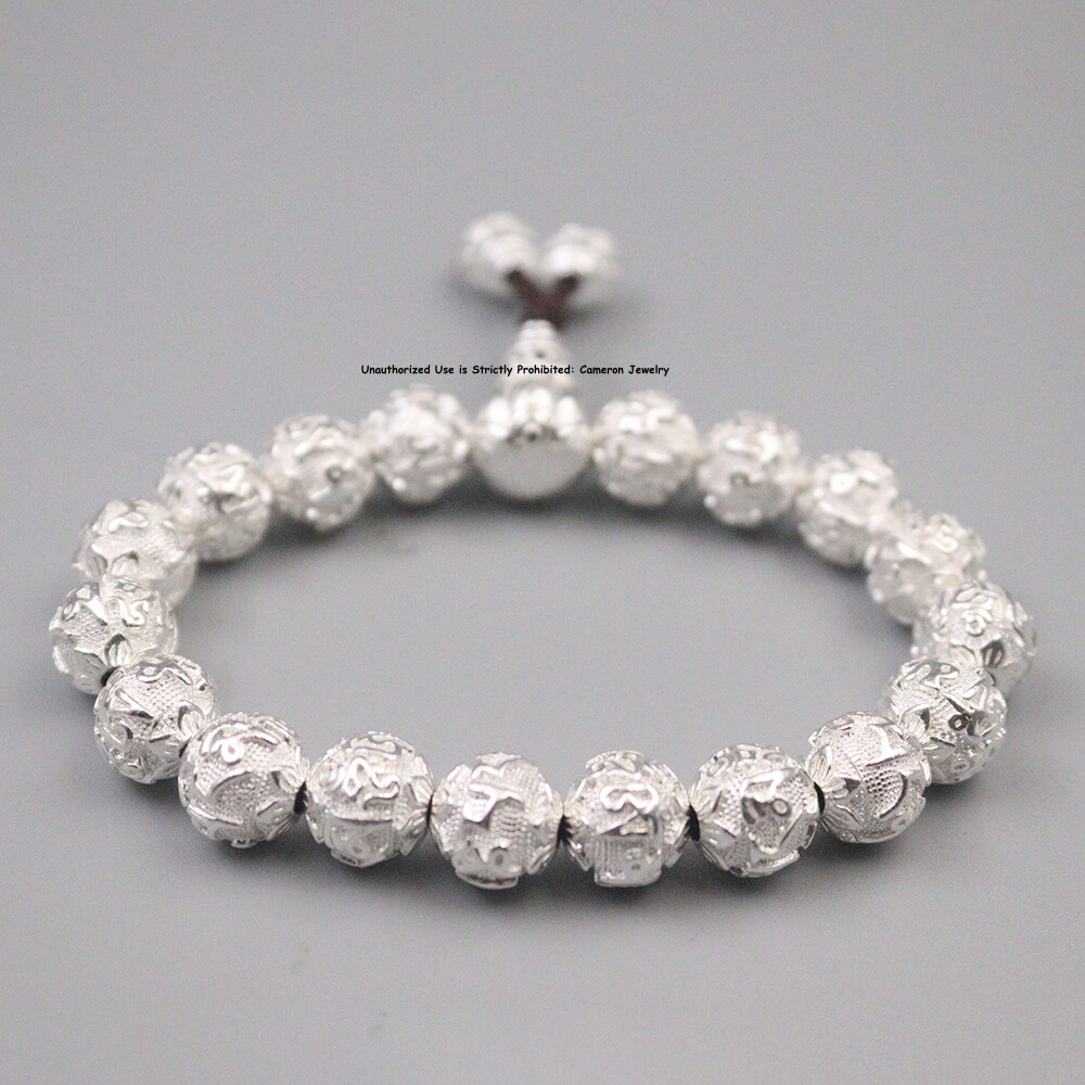 Pure S999 Fine Silver 999 Bangle 10mm Six Words Round Beads Bracelet 46-47g