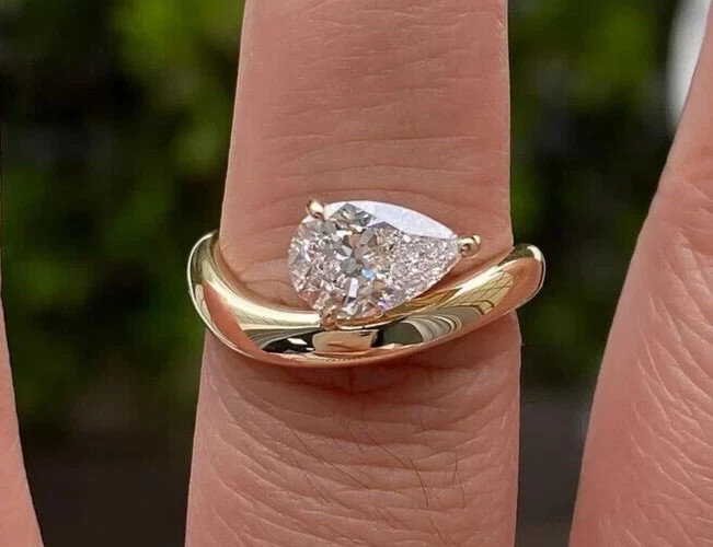 Wedding Ring 14k Yellow Gold Pear Cut Diamond 1 Carat Lab Grown E F VVS CVD IGI