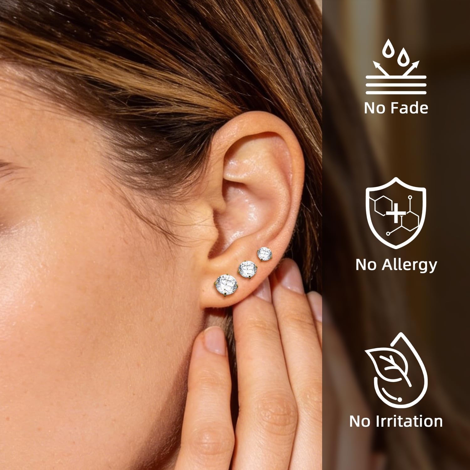 Flat Back Stud Earrings 20G Titanium 3-6mm CZ Crystal Set for Women