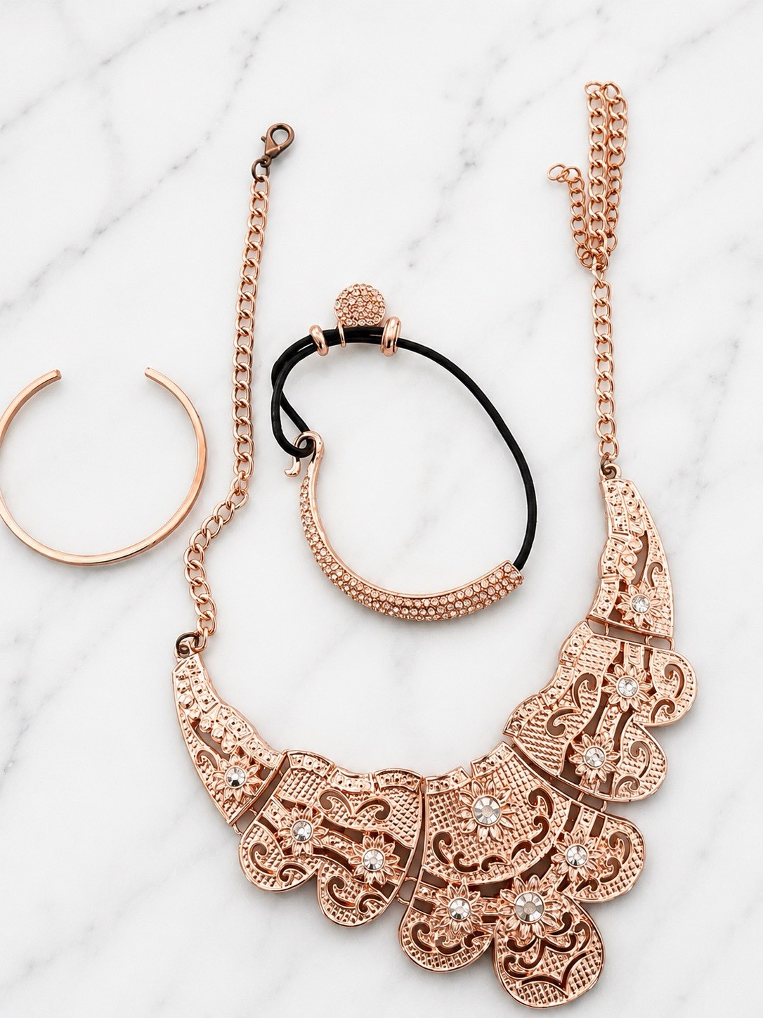 Rose Gold Plated Crystal Necklace & Bracelet Set, Engraved Adjustable, Black