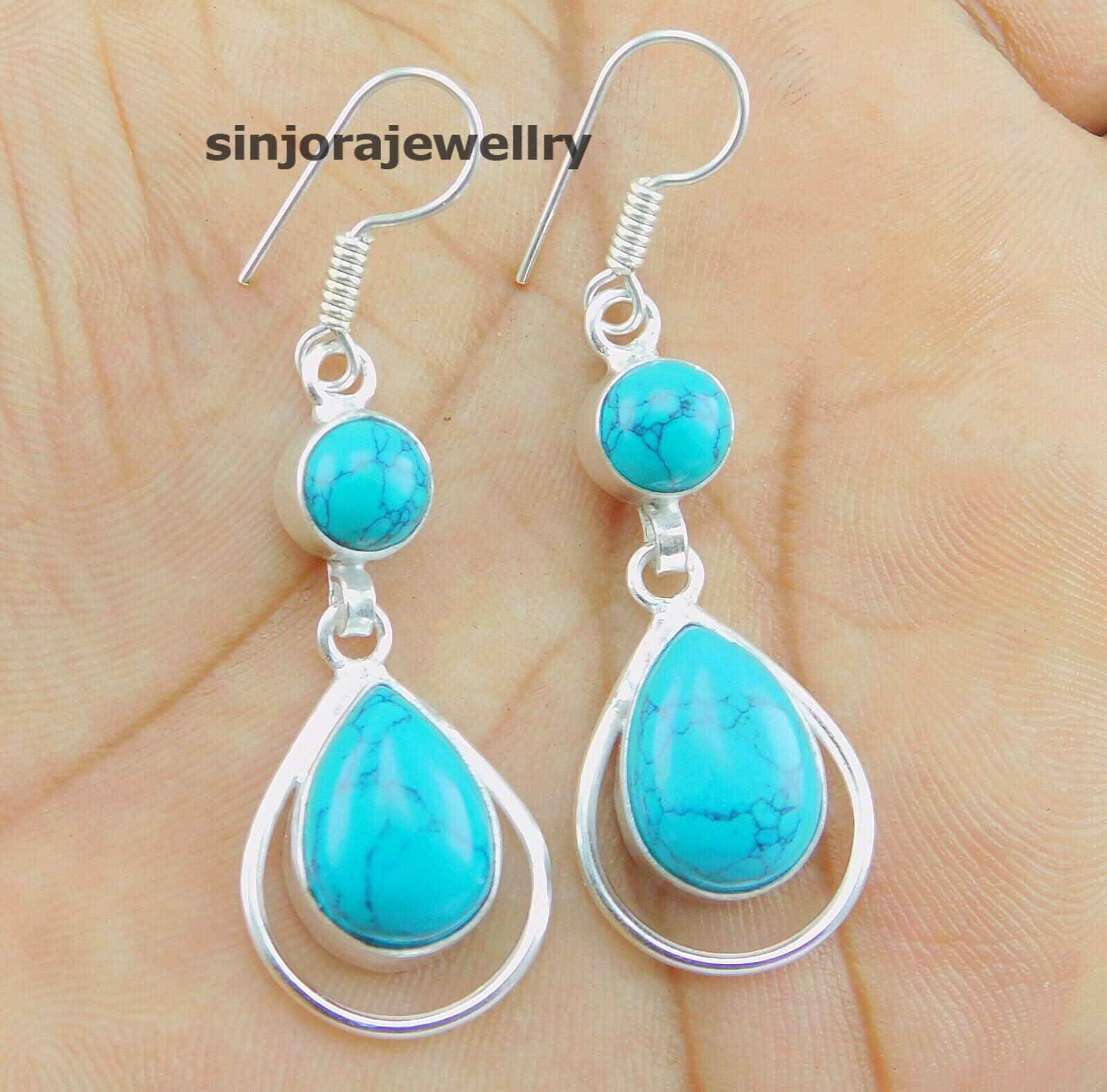 Turquoise gemstone 925 sterling silver handmade Dangle Drop Earrings 2″