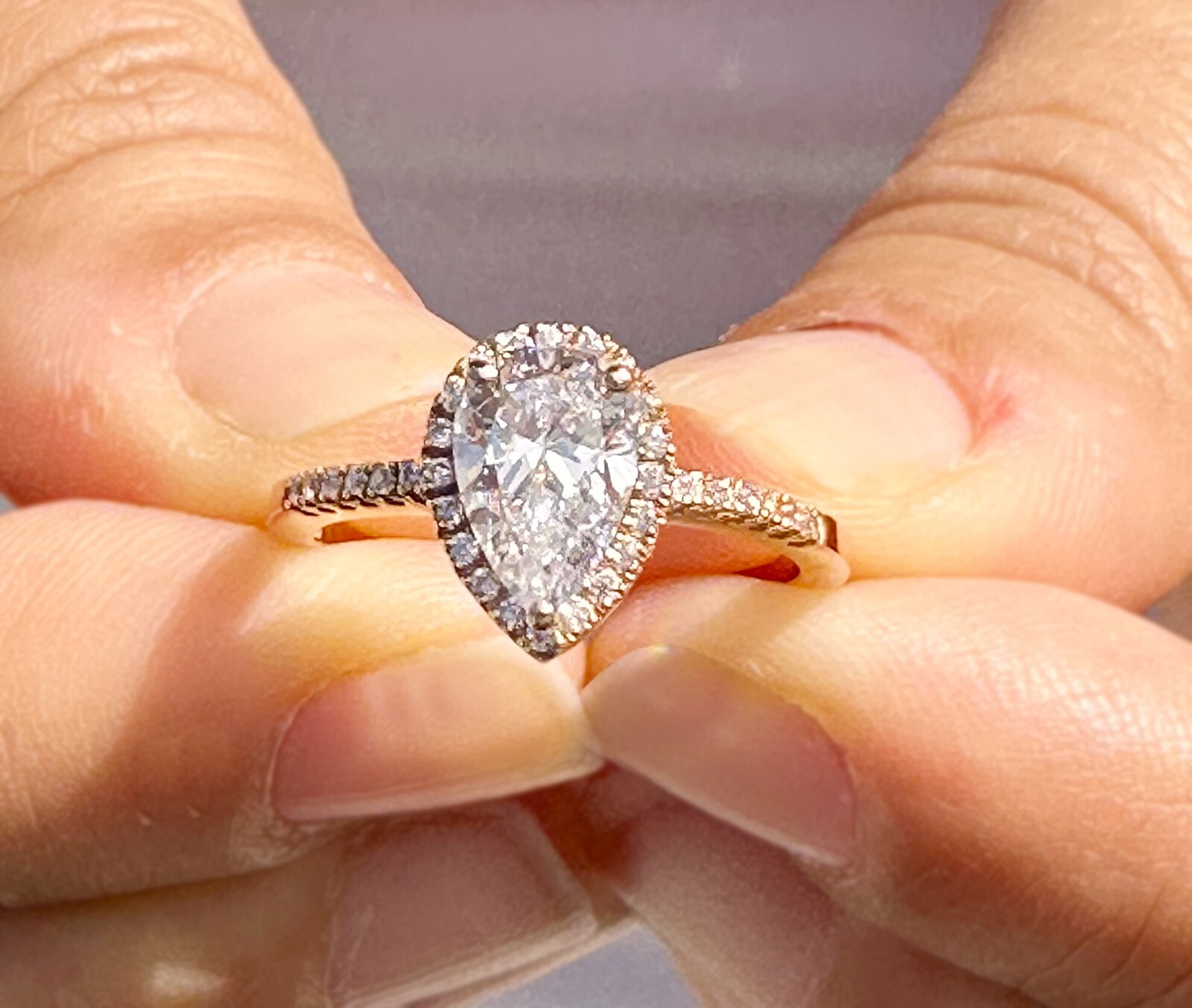 Pear Shape And Round Moissanite Engagement Ring Halo 14k Solid Rose Gold 1.70ctw