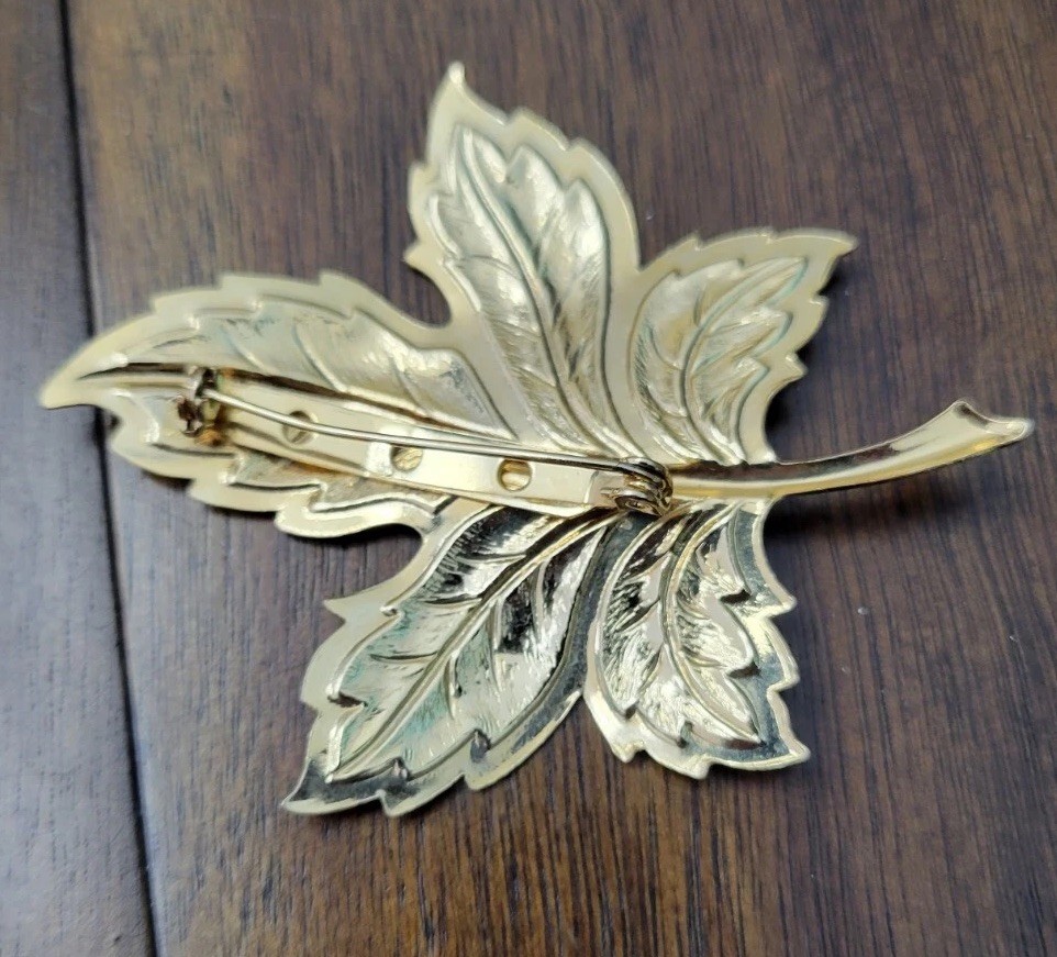 Large Gold Tone Swirl Enamel Blue Green Gold Leaf 3″ Pin Brooch