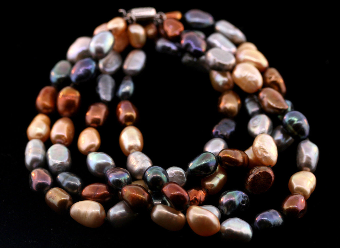 Sterling Silver 6.5-7.5mm 4-Strand Multicolor Baroque Genuine Pearl Bracelet