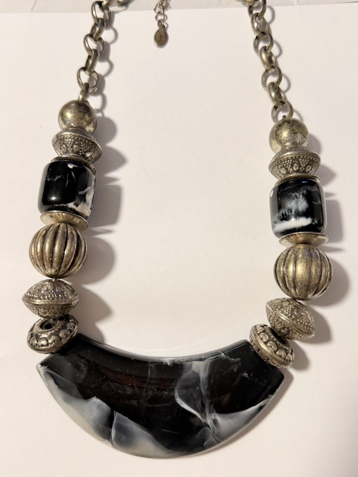 Vintage Chunky Black White Lucite Resin Half Moon Statement Necklace Collar