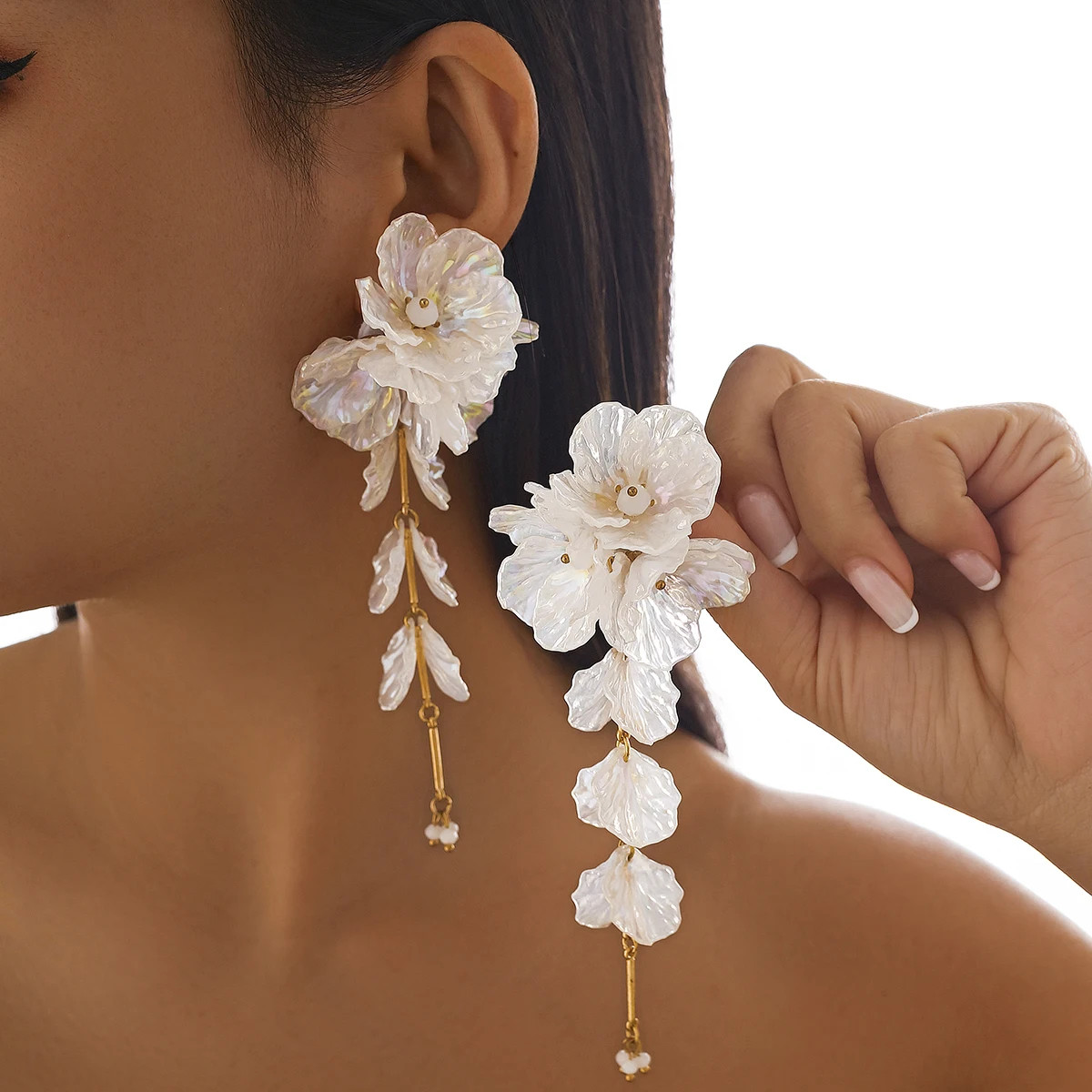 White Flower Drop Earrings Petal Hanging Silver Tone Womens Jewelry Daily Wear