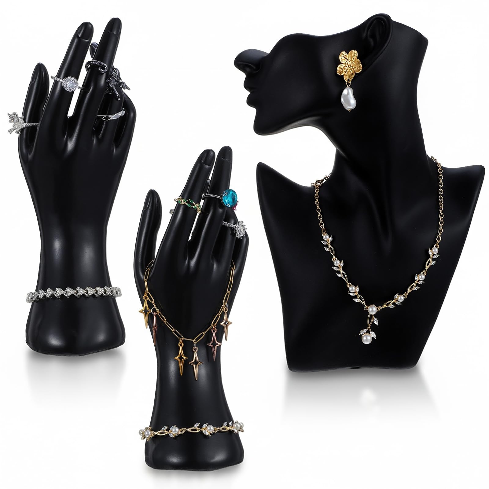 3 Pcs Jewelry Mannequin Display Set – Black PVC Bust Holder with 2 Hand Displ…