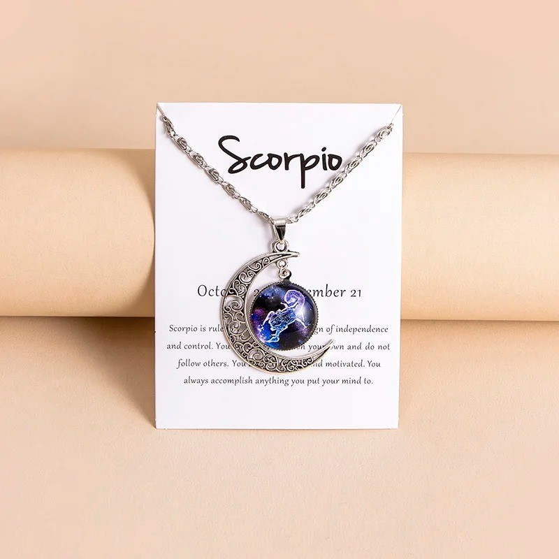 Moon Shaped Zodiac Sign Necklace Horoscope Astrological Pendant with 17″ Chain