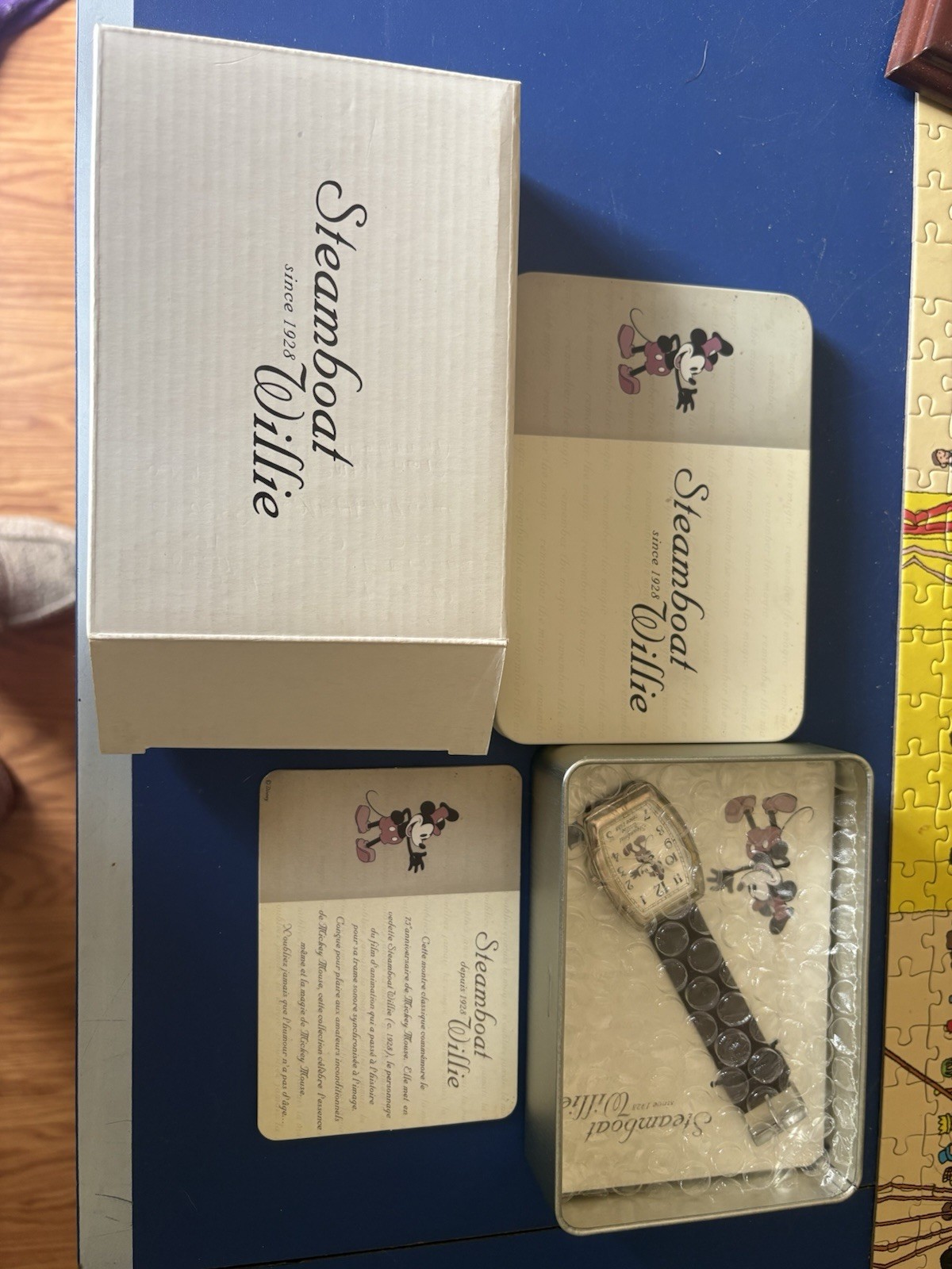 Steamboat Willie Quartz Analog Rectangle Watch Black Leather Strap Box Manual