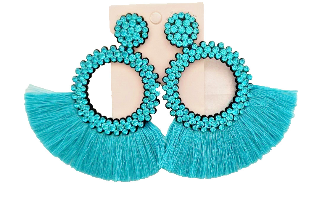 New Fashion Jewelry Dangle/ Drop Earrings Aqua Fringe Crystals Appx 3.5 inx3 in