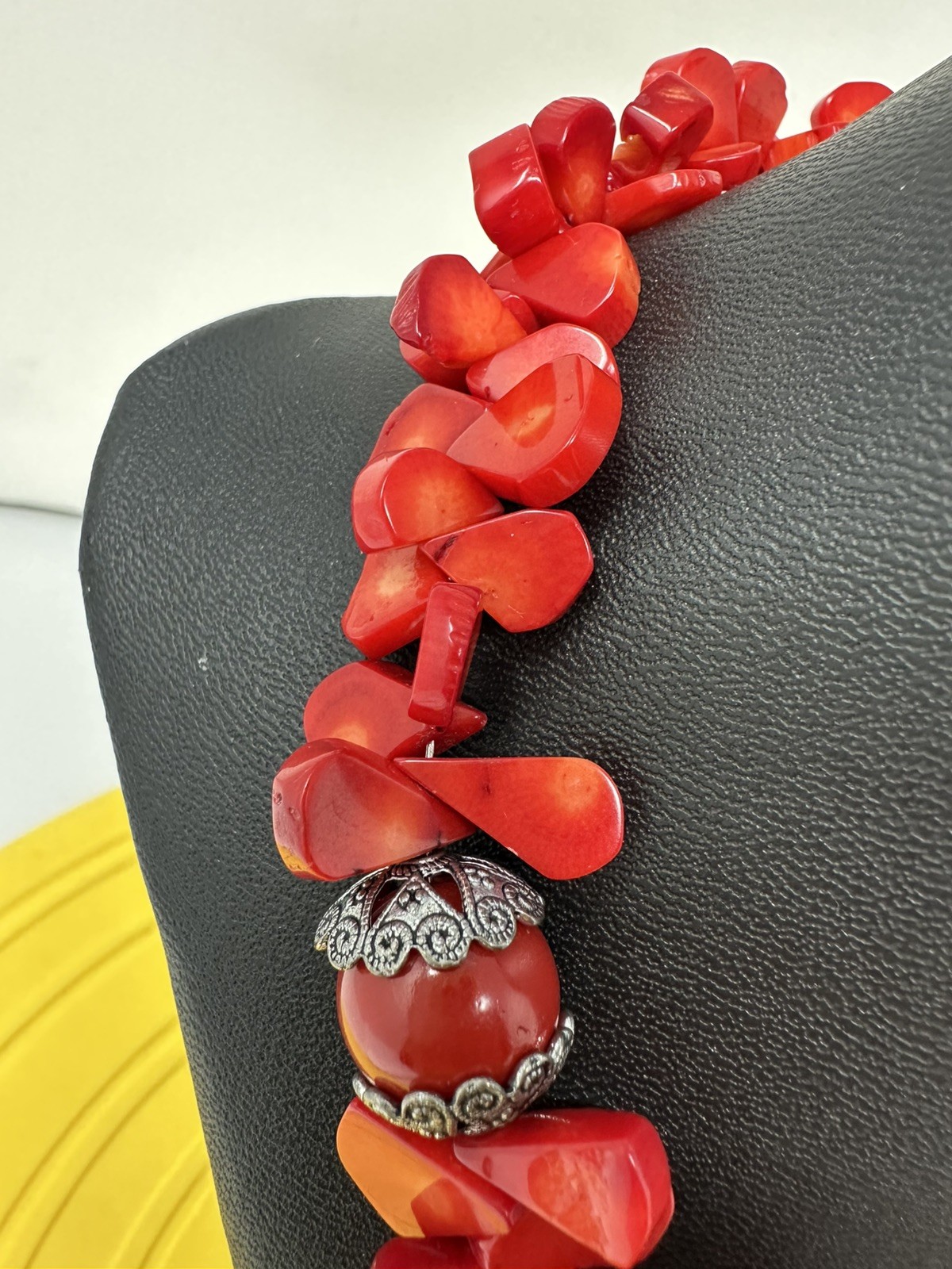 Sterling Silver Cross On A Red Coral Bead Necklace 114 Grams 17 Inch