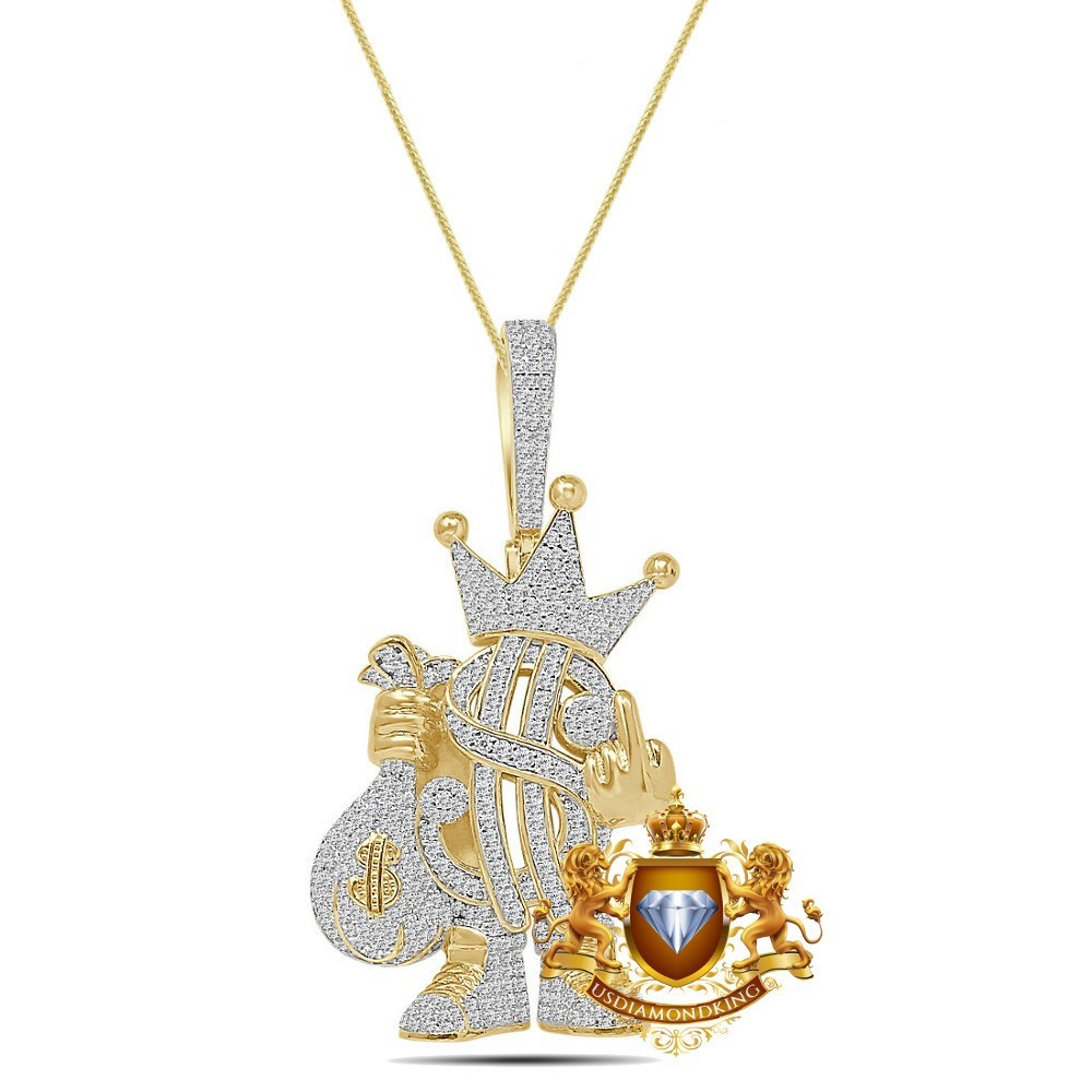 3.25 Ctw. VVS1/D Real Moissanite Dollar Crown Man Money Bag Charm Pendant +Chain