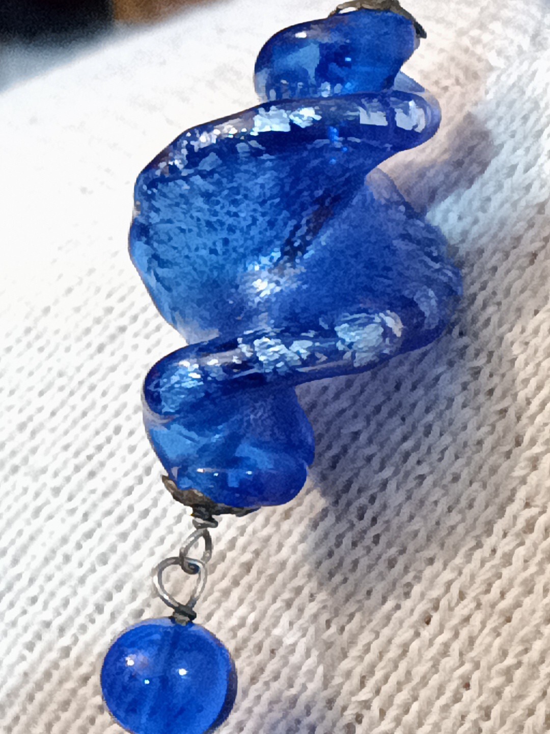 Handcrafted Twisted Blue White Murano Glass Blue Round Beads & Gunmetal Necklace