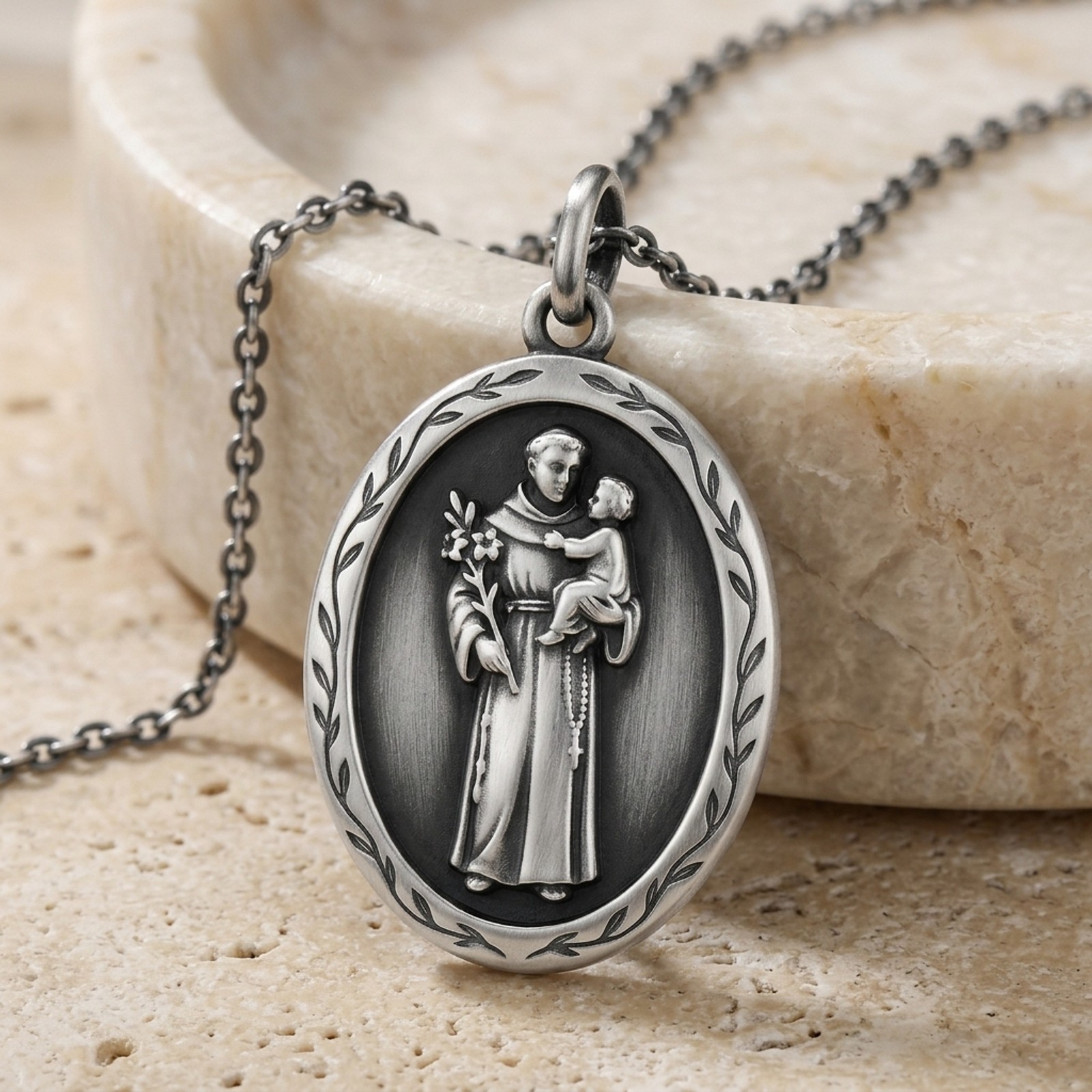 ArtemisSilver Saint Anthony Medal Necklace Oxidized 925 Silver Catholic Patron