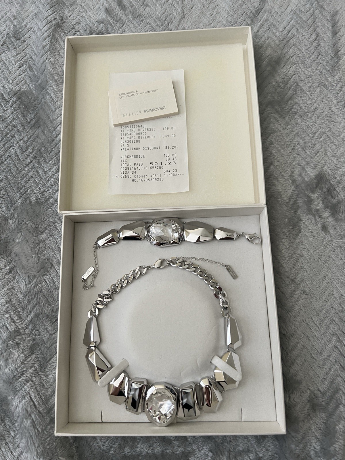 Atelier Swarovski Crystal Silver Jewelry Set Bracelet Necklace Round Clear