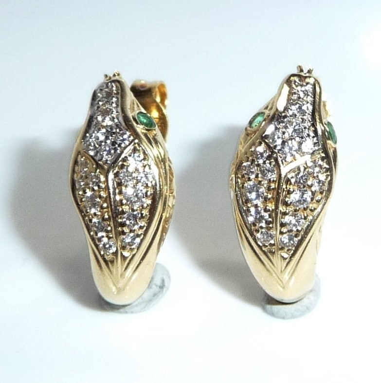 Snake 585 Gold Stud Earrings 0.46ct. Diamond Emeralds 4.2g