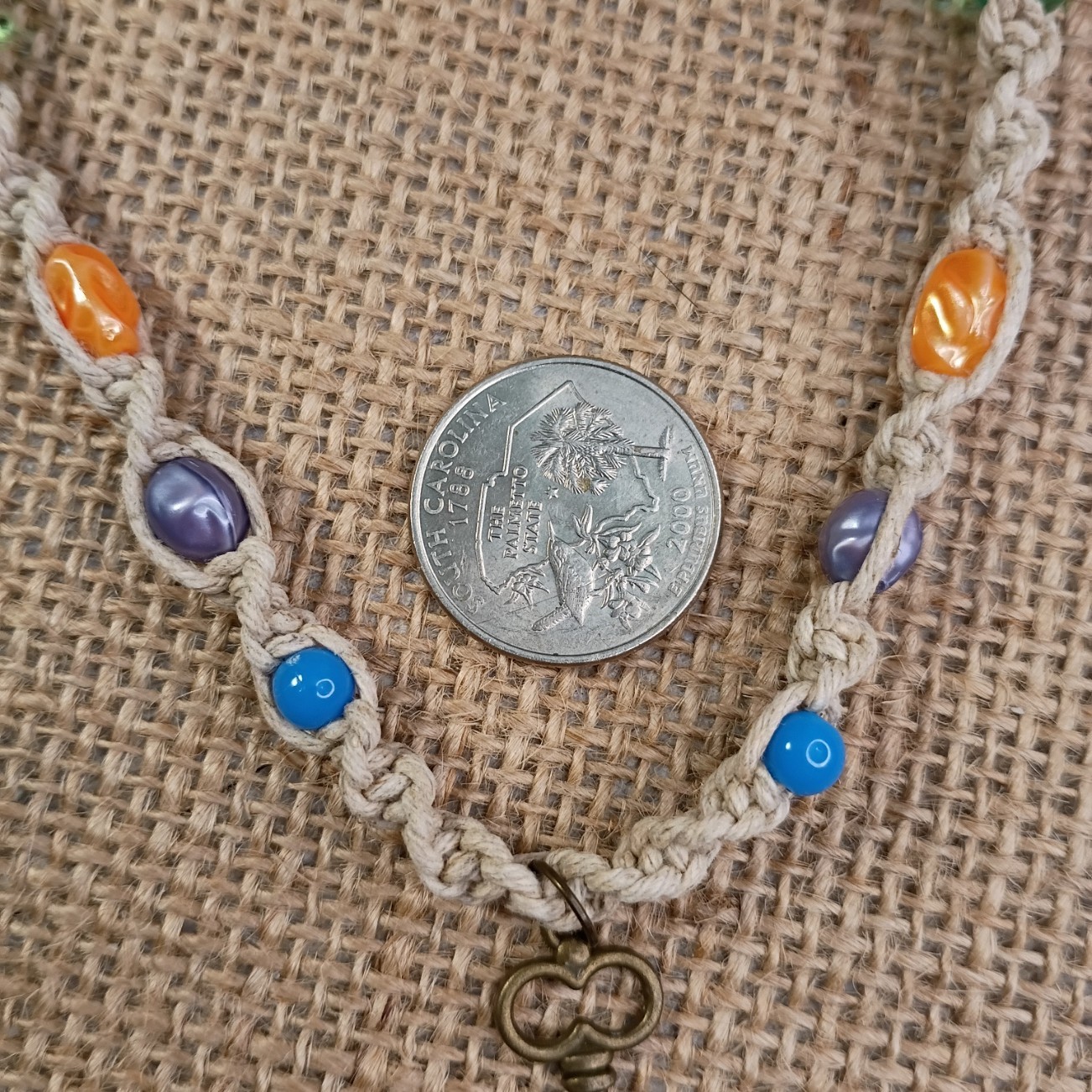 New Natural Hemp Necklace W/ Key Charm & Mixed Beads 16-20 in Macrame, Handmade