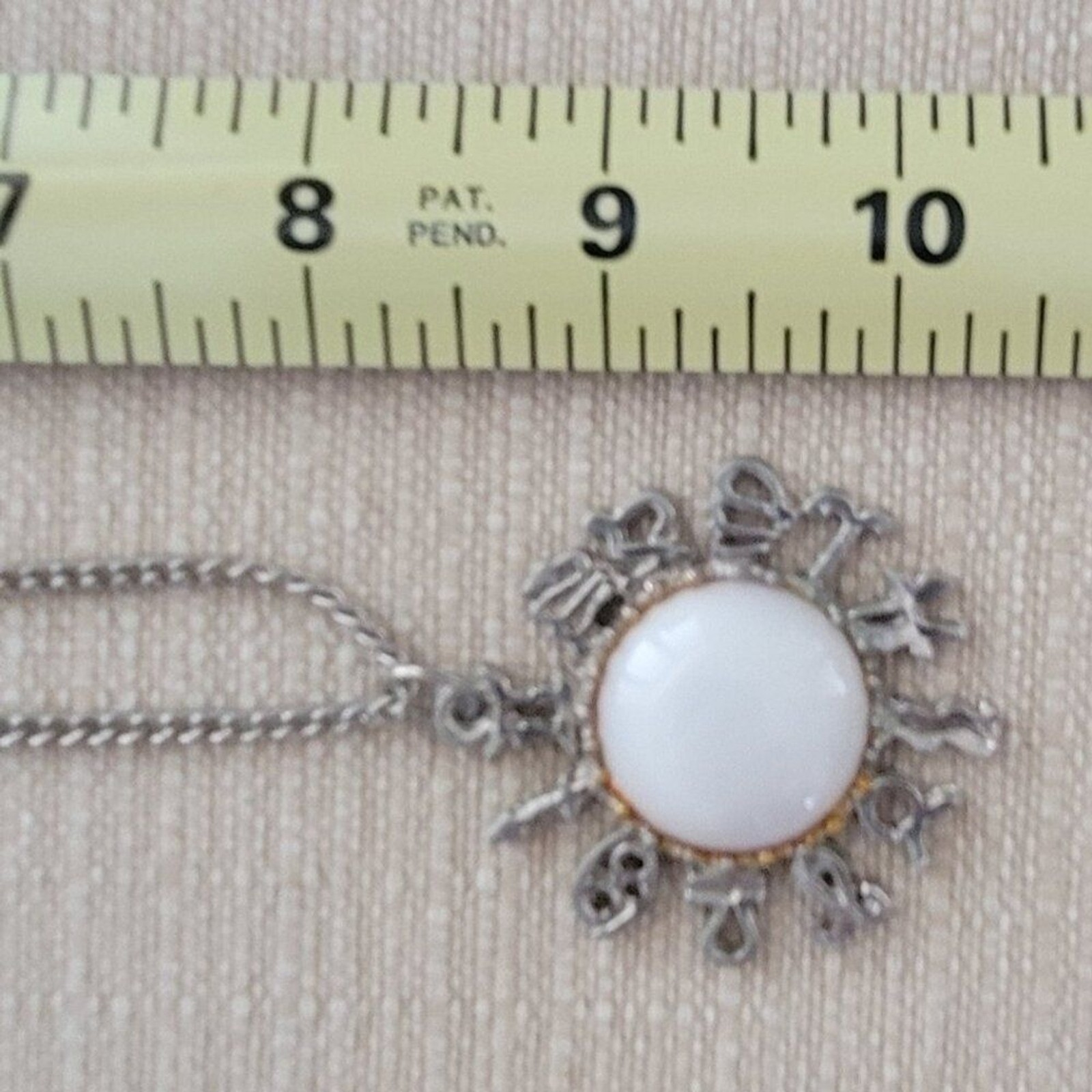 VTG Zodiac Pendant Necklace White Cabochon Astrology Silver Tone Chain Boho Chic