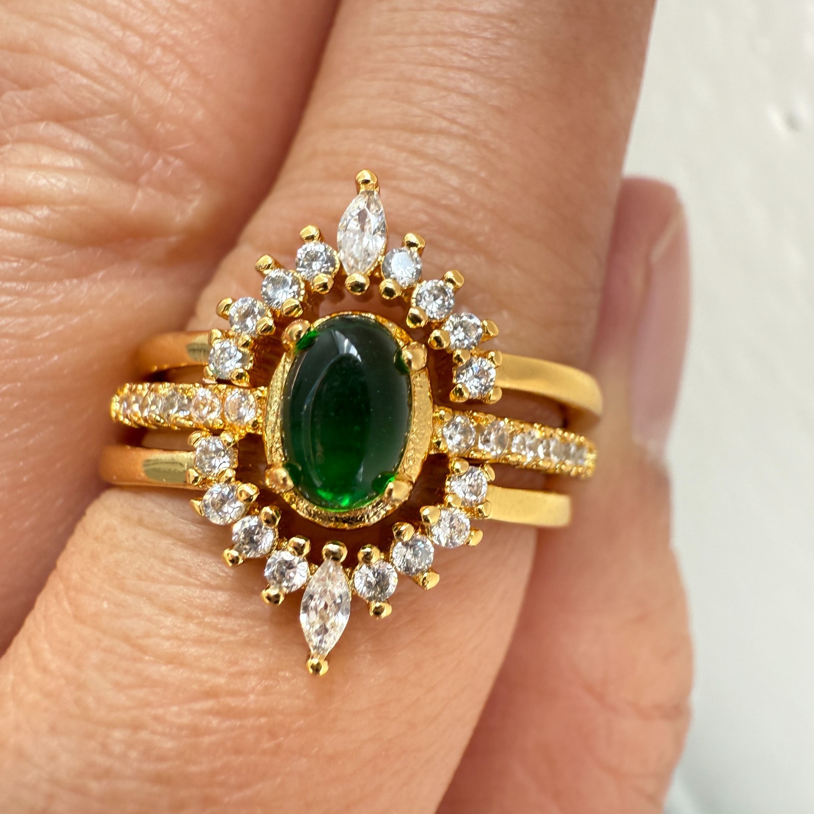 925 Sterling Silver Ring 3in1 6x4mm Green Natural Emerald Gemstone Zircon Flower