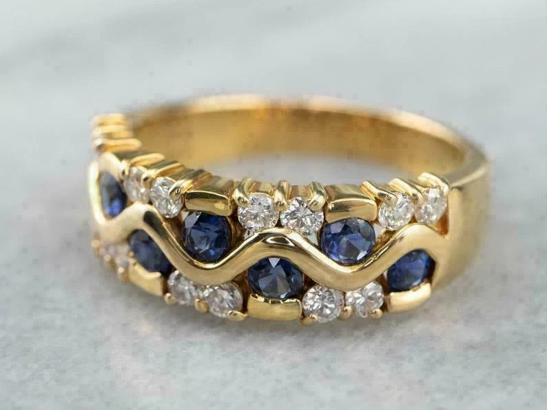 1.80Ct Round Lab Created Blue Sapphire Wedding Band Ring 14K Yellow Gold Plated