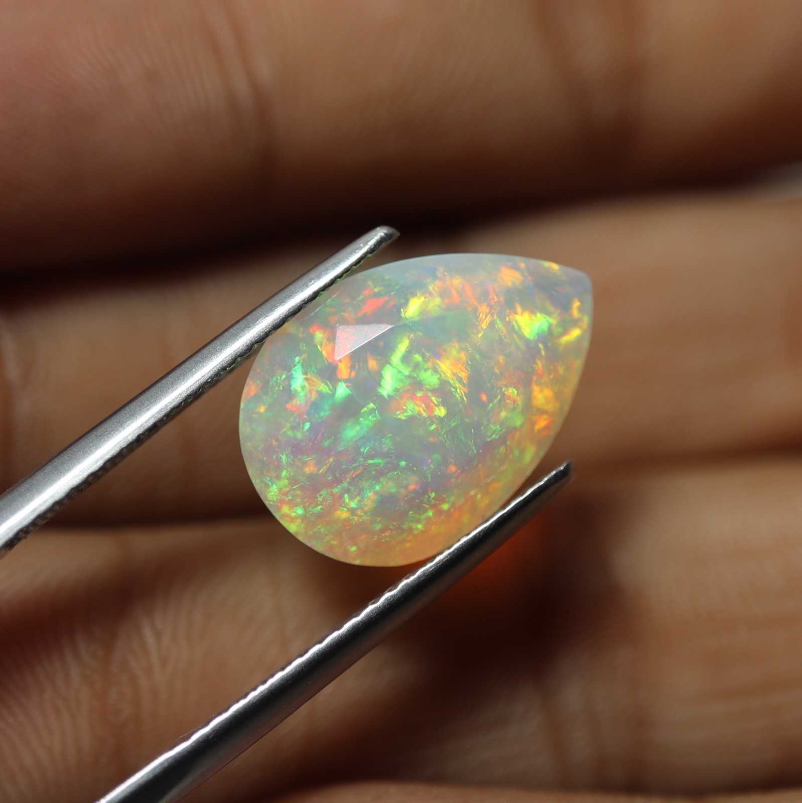 5.3Cts Real AAA Ethiopian Opal Green Red Fire Faceted Pear Gemstone 15.8×11.4MM